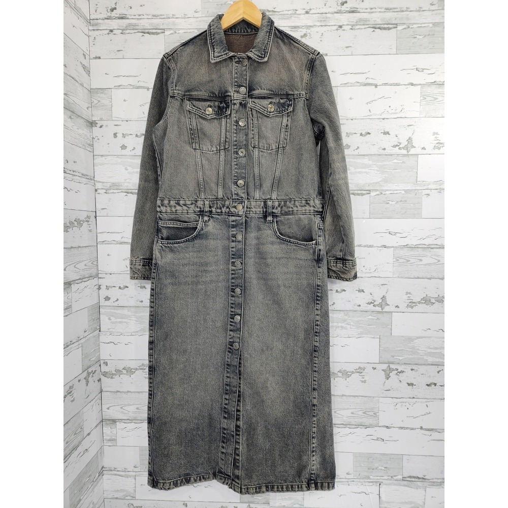 Zara Womens Gray Denim Maxi Dress Long Sleeve Button Front Cotton Size L